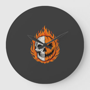 Halloween Flaming Skull Pumpkin Split Face Design Large Clock