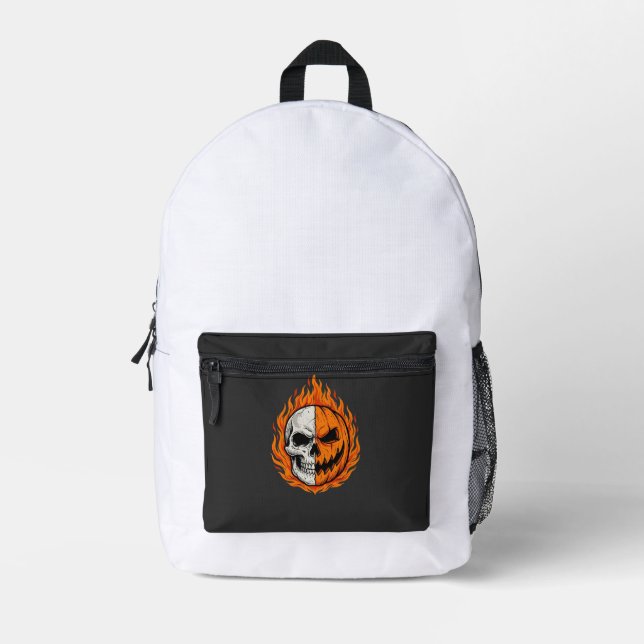 Halloween Flaming Skull Pumpkin Split Face Design Printed Backpack (Front)