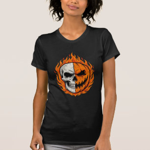 Halloween Flaming Skull Pumpkin Split Face Design T-Shirt