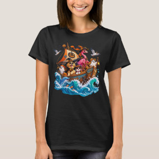 Halloween Flamingo Dog Cat Wooden Boat Ocean Rides T-Shirt