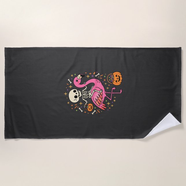 Halloween Flamingo Skeleton Candy Bucket Vector De Beach Towel (Front)