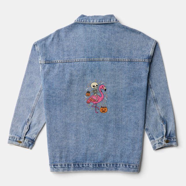 Halloween Flamingo Skeleton Candy Bucket Vector De Denim Jacket (Back)