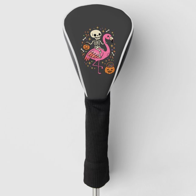 Halloween Flamingo Skeleton Candy Bucket Vector De Golf Head Cover (Front)