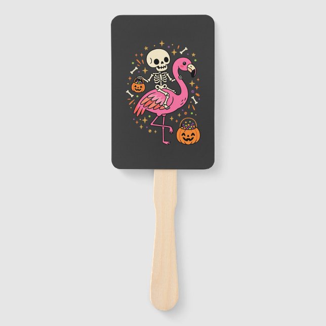 Halloween Flamingo Skeleton Candy Bucket Vector De Hand Fan (Front)