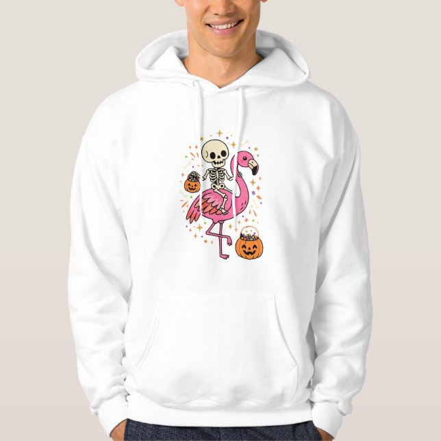 Halloween Flamingo Skeleton Candy Bucket Vector De Hoodie (Front)
