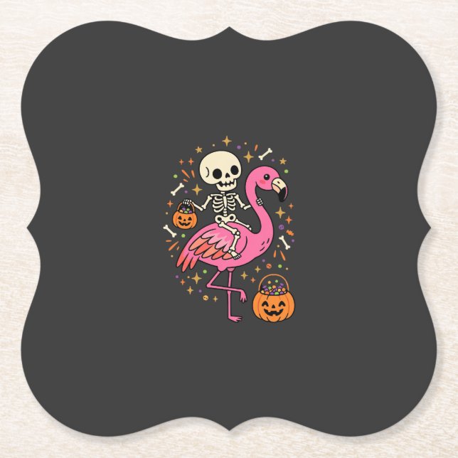 Halloween Flamingo Skeleton Candy Bucket Vector De Paper Coaster (Front)
