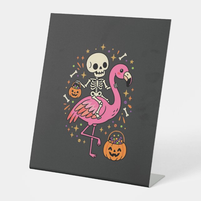 Halloween Flamingo Skeleton Candy Bucket Vector De Pedestal Sign (Front)