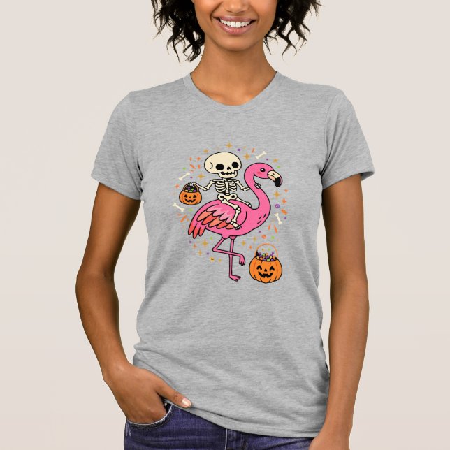 Halloween Flamingo Skeleton Candy Bucket Vector De T-Shirt (Front)
