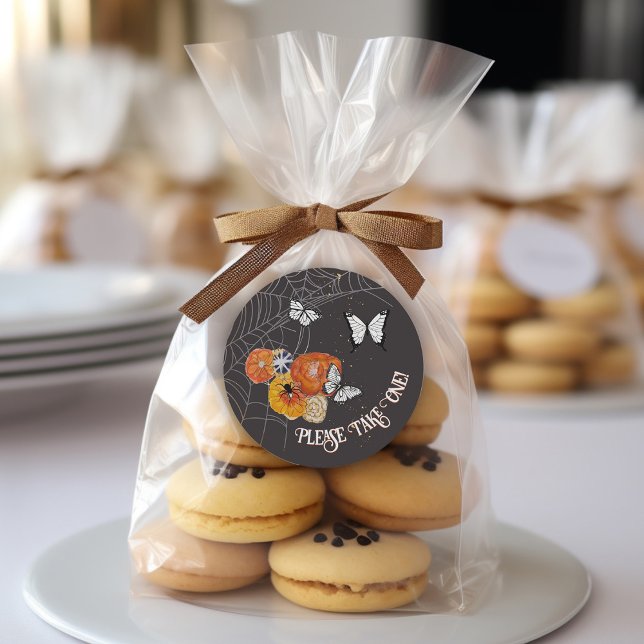Halloween Floral Butterfy Spider Web Treat Bag    Classic Round Sticker (Beautiful hand painted fall florals accented with butterflies and spiders for cottagecore Halloween)