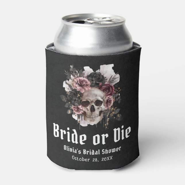 Halloween Floral Skull Bride or Die Bridal Shower Can Cooler (Can Front)