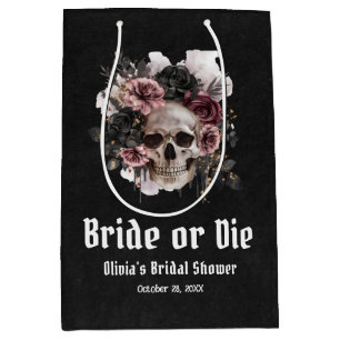 Halloween Floral Skull Bride or Die Bridal Shower Medium Gift Bag