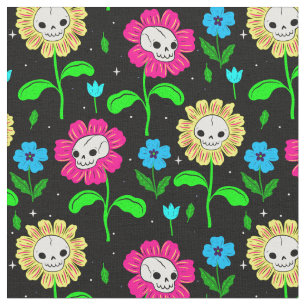 halloween floral skull flowers black  fabric