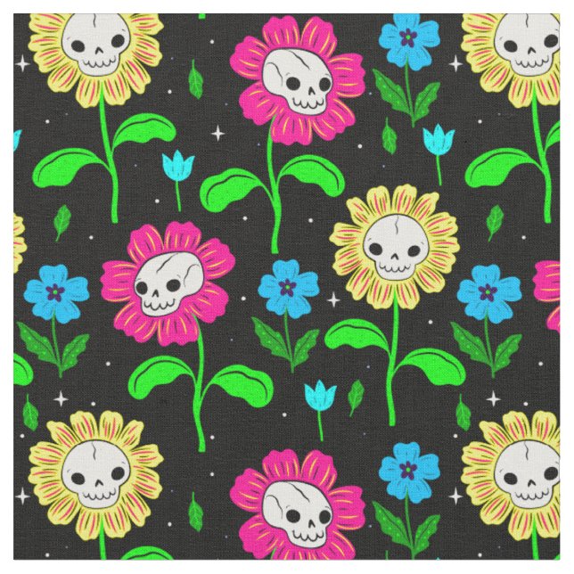 halloween floral skull flowers black  fabric (Close Up)