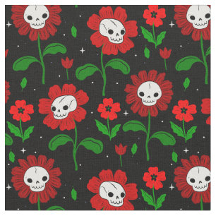 halloween floral skull flowers red fabric