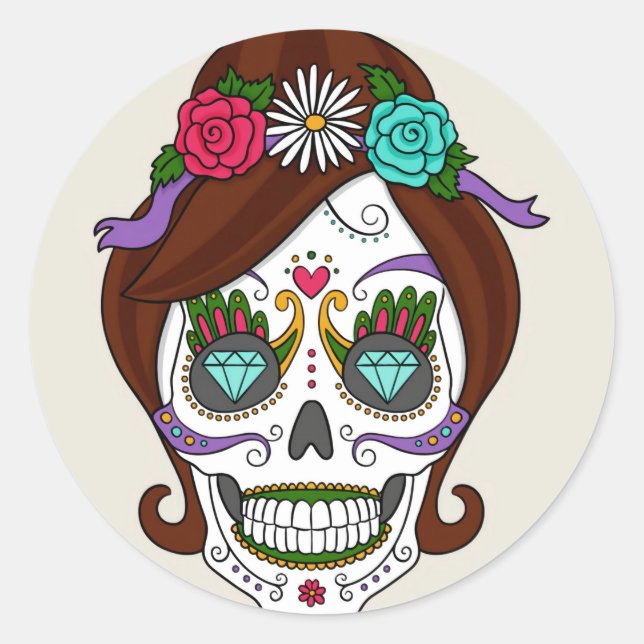 Halloween Floral Sugar Skull Classic Round Sticker (Front)