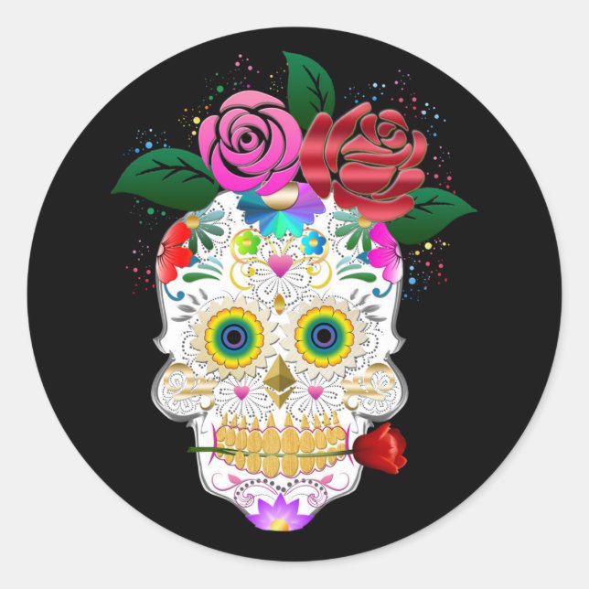 Halloween Floral Sugar Skull Classic Round Sticker (Front)