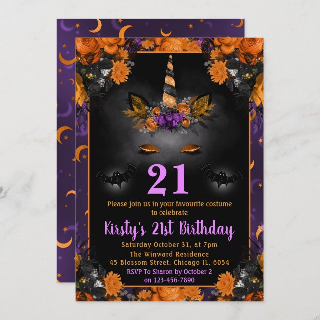 Halloween Floral Unicorn Face 21st Birthday Invitation (Front/Back)