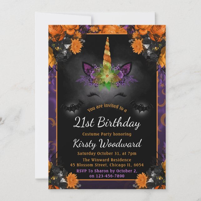 Halloween Floral Unicorn Face Fall 21st Birthday Invitation (Front)