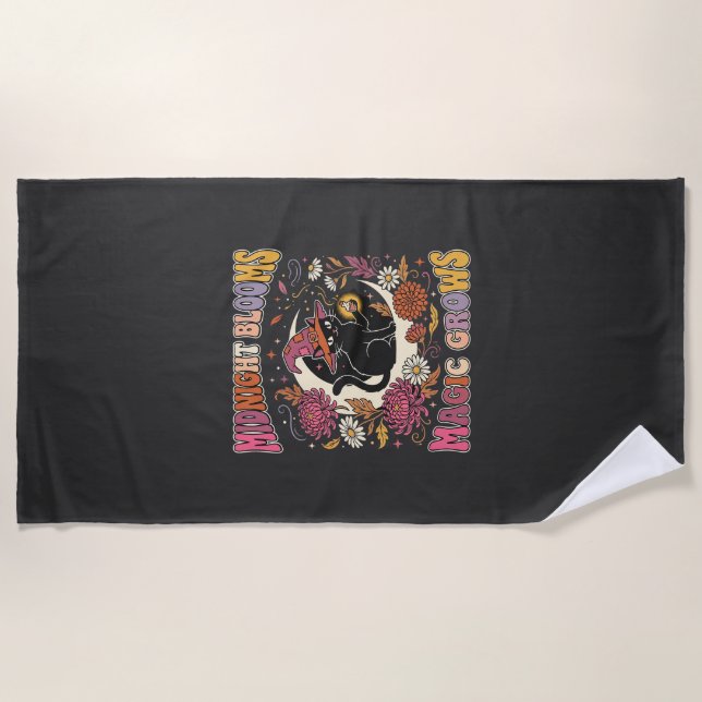 Halloween Floral Witch Cat Magic Beach Towel (Front)