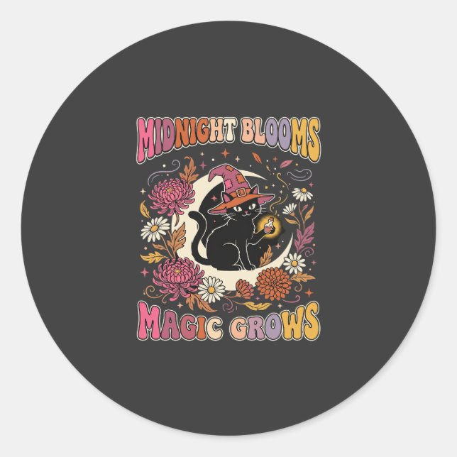 Halloween Floral Witch Cat Magic Classic Round Sticker (Front)