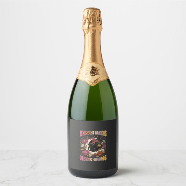 Halloween Floral Witch Cat Magic Sparkling Wine Label (Front)