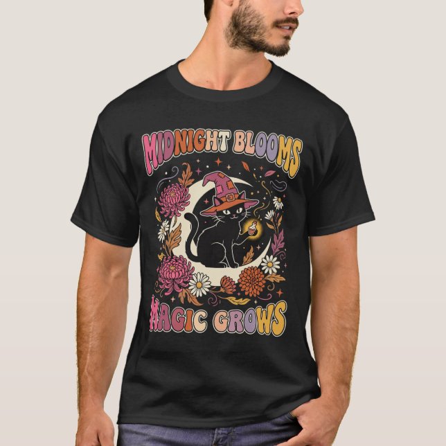 Halloween Floral Witch Cat Magic T-Shirt (Front)
