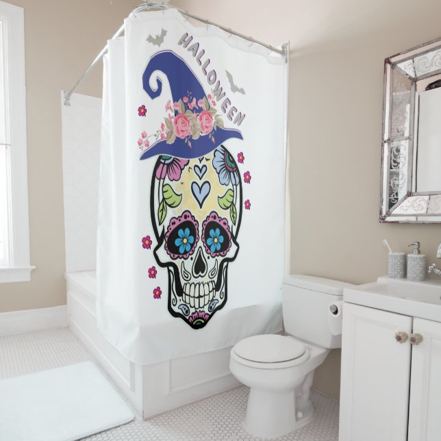 Halloween Flower Skull Shower Curtain (In Situ)