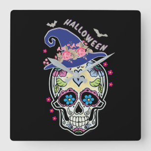 Halloween Flower Skull Square Wall Clock