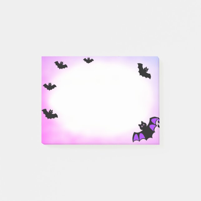Halloween flying bats on purple & white post-it notes (Front)