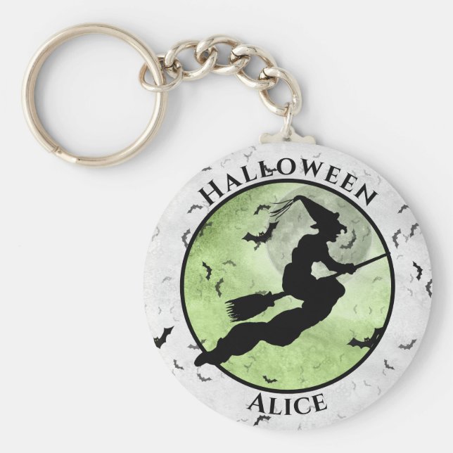 Halloween Flying Black Witch Silhouette Green Key Ring (Front)