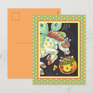 HALLOWEEN FLYING HORSE CANDY CORN HOLIDAY POSTCARD