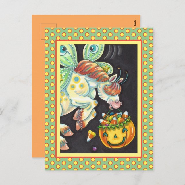 HALLOWEEN FLYING HORSE CANDY CORN HOLIDAY POSTCARD (Front/Back)