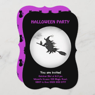 Halloween Flying Witch & Black Cat Invitation