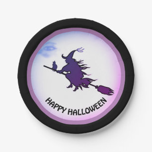 Halloween flying witch & black cat paper plate
