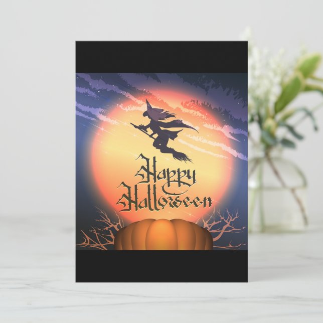 Halloween Flying Witch Broom Pumpkin Invitation (Standing Front)