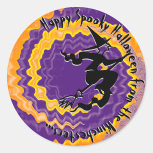 Halloween flying witch magic spell name text classic round sticker