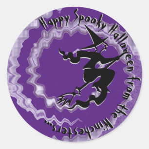 Halloween flying witch magic spell text purple classic round sticker