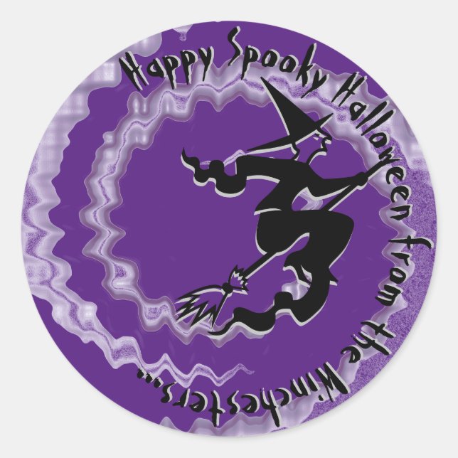 Halloween flying witch magic spell text purple classic round sticker (Front)