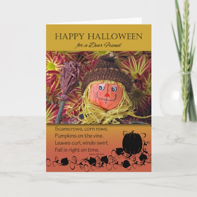Halloween for Friend, Cute Scarecrow Photograph Card (Front)