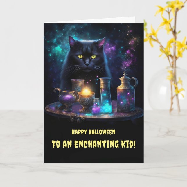Halloween for Kids Children Cute Black Cat Magic Card (Yellow Flower)