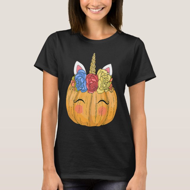 Halloween  for Kids Girls Cute Unicorn Pumpkin T-Shirt (Front)