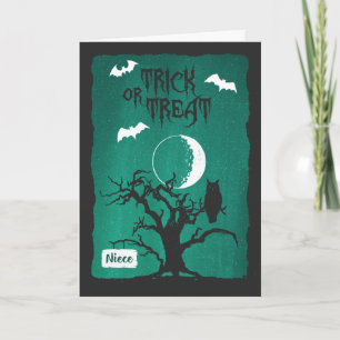 Halloween for Niece, Owl Crooked Tree Moon & Bats Card