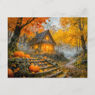 Halloween Forest Cottage with Pumpkins, Stone Path Postcard