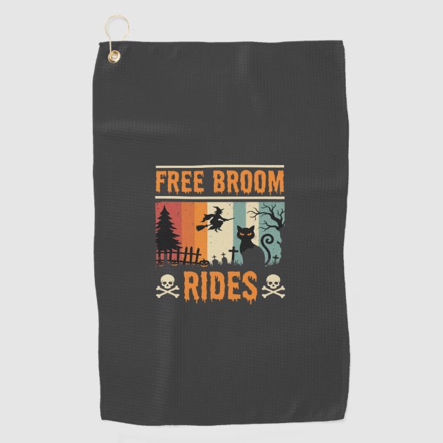 Halloween Free Broom Rides Witch Cat Golf Towel (Front)