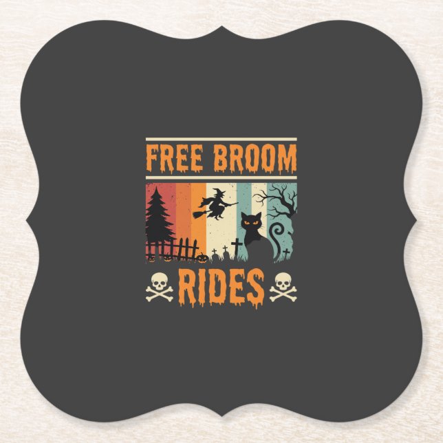Halloween Free Broom Rides Witch Cat Paper Coaster (Front)