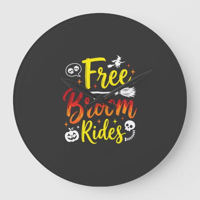Halloween Free Broom Rides Witch Graphic Large Clock (Front)