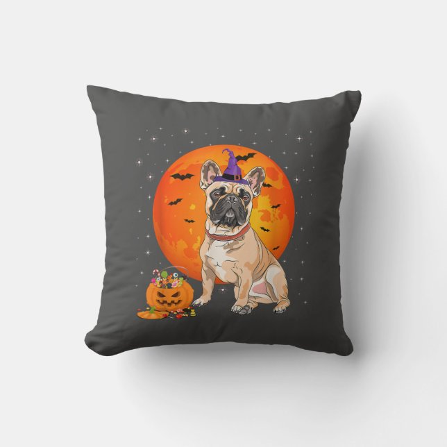 Halloween French Bulldog Trick Or Treat Pumpkin Cushion (Front)