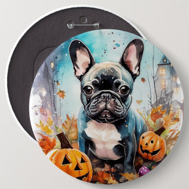 Halloween French Bulldog With Pumpkins Scary 6 Cm Round Badge (Front & Back)