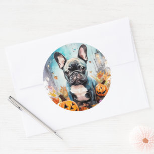 Halloween French Bulldog With Pumpkins Scary Classic Round Sticker