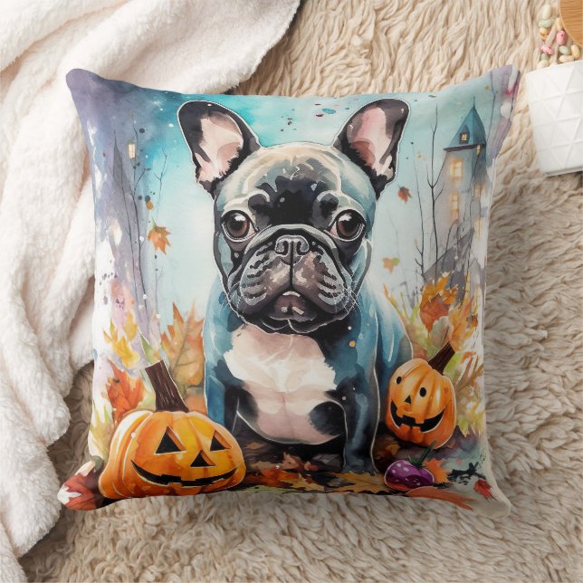 Halloween French Bulldog With Pumpkins Scary Cushion (Blanket)